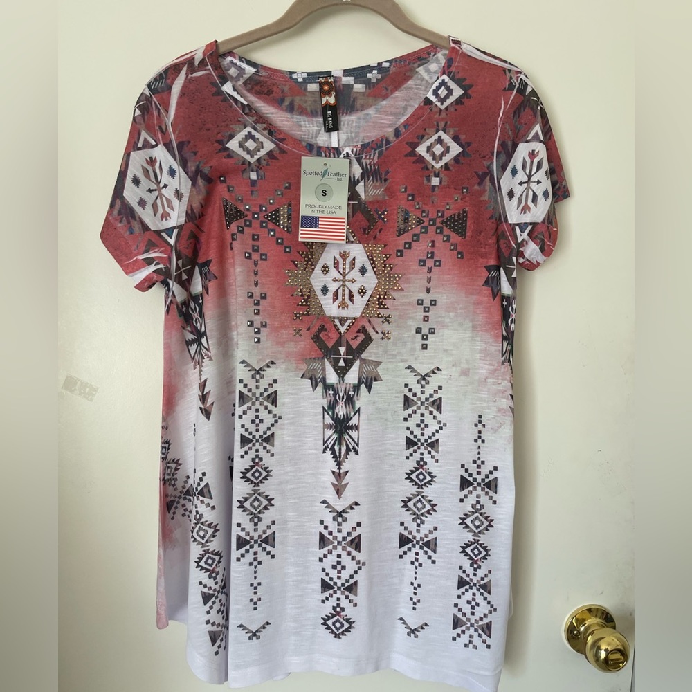 NWT Big Bang Spotted Feather Rhinestones Bling Tunic Made in USA Size M